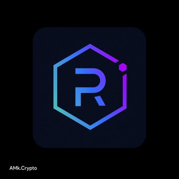 A hexagonal logo with the letter 'R' in blue and purple gradient on a dark background, labeled 'AMK Crypto' at the bottom.