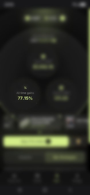 A blurred screenshot of a mobile app interface with a highlighted statistic showing 'All time gains 77.15%'.