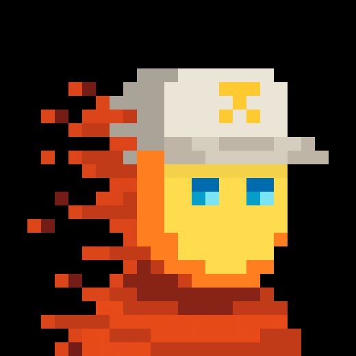 Pixel art character with a yellow face, blue eyes, and a gray cap with a yellow logo, set against a black background with orange pixelated effects.