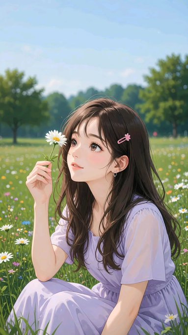 An anime-style illustration depicts a young woman with long brown hair sitting in a meadow of daisies and wildflowers, holding a single white flower near her face.