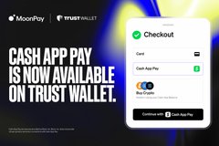 A MoonPay partnership announcement graphic featuring logos for MoonPay and Trust Wallet, displaying bold text that reads "CASH APP PAY IS NOW AVAILABLE ON TRUST WALLET," alongside a smartphone mockup showing the checkout screen with a "Continue with Cash App Pay" button. The image visually supports the announcement that Cash App Pay is now integrated as a payment method at MoonPay's checkout within the Trust Wallet app.
