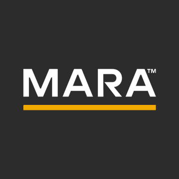 The image shows the MARA logo, a company known in the Bitcoin mining industry, displayed in white text with an orange underline on a dark background. The logo relates to the news of MARA's significant Bitcoin sales and holdings in the first half of 2026.