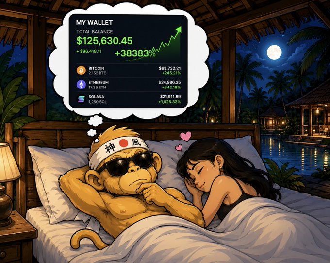 A cartoon illustration of a Bored Ape character wearing sunglasses and a headband with Japanese text, lying in bed next to a woman, dreaming of a thought bubble showing a crypto wallet with a $125,630.45 balance, including holdings of BITCOIN (+245.21%), ETHEREUM (+542.18%), and SOLANA (+1,025.32%).