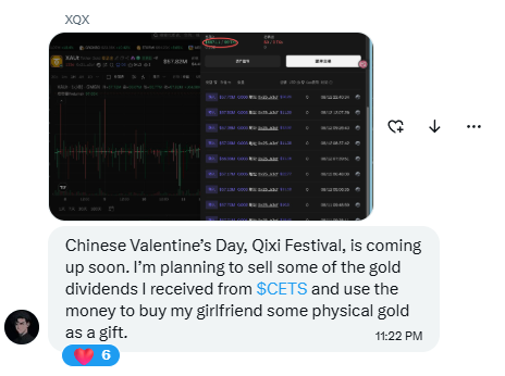 A screenshot of a social media post featuring a stock trading chart interface with the text 'Chinese Valentine's Day, Qixi Festival, is coming up soon. I'm planning to sell some of the gold dividends I received from $CETS and use the money to buy my girlfriend some physical gold as a gift.' posted at 11:22 PM.