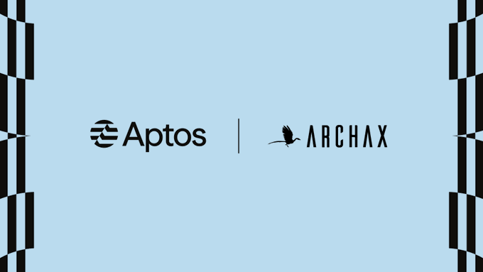 A light blue graphic featuring the logos for "Aptos" and "ARCHAX" separated by a vertical line, flanked by black and white striped borders.