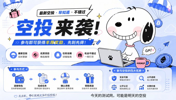 A promotional graphic featuring Snoopy with Chinese text promoting an '空投来袭!' (Airdrop is coming!) event for AIWA, listing benefits like real-time updates, project curation, task guides, and one-click participation.