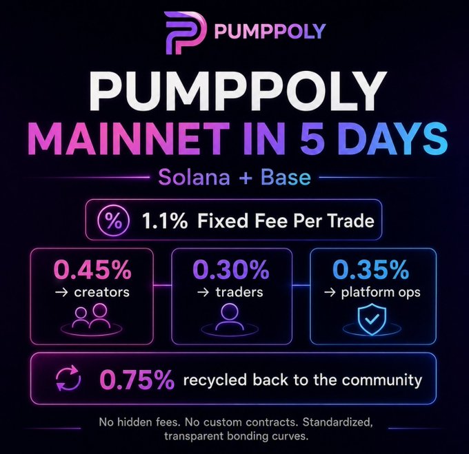 The image shows a poster for PumpPoly Mainnet in 5 days, specifically focused on the Solana+Base model. It displays information about the price and trading conditions of the mainnet platform. The poster highlights that there will be 1.1% fixed fee per trade and features the names of both creators and traders.