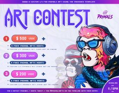 A vibrant promotional graphic for the "Art Contest PRIMALS NFT" featuring a colorful anthropomorphic primate character wearing headphones and sunglasses, with prize details showing $300, $300, and $200 rewards for the top three winners based on Facebook and Twitter likes, alongside a "5 SPIN" entry bonus. The cartoon style and Primal character reflect the artist's hand-drawn and animated submission for the contest.