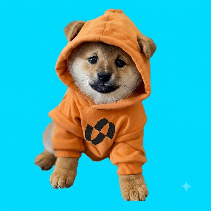 A Shiba Inu puppy wearing an orange hoodie with a black infinity-loop logo on a bright cyan background, likely representing a memecoin character.