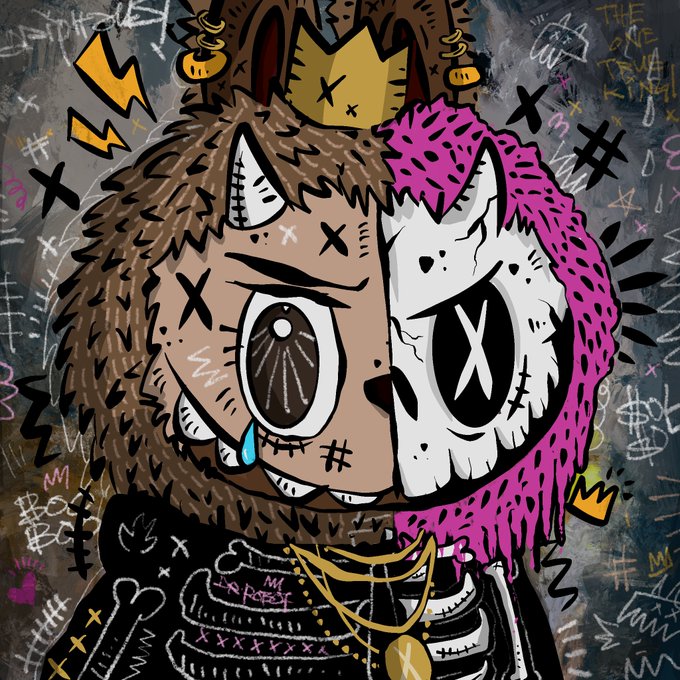 A quirky mixed-media illustration of a character with half normal face and half pink skull face, wearing a gold crown and gold chains, with X marks scattered throughout the artwork.