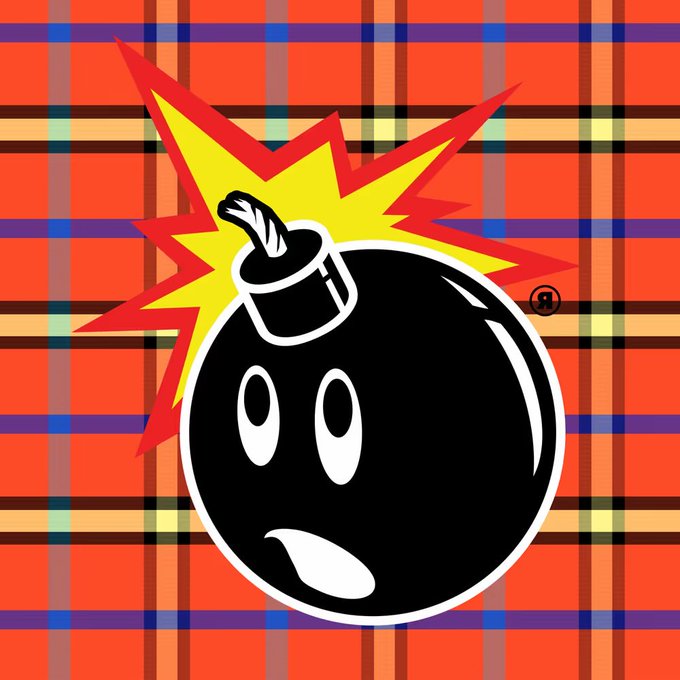 An illustration of a black cartoon bomb character with a lit fuse and surprised expression, set against a red and yellow plaid background.