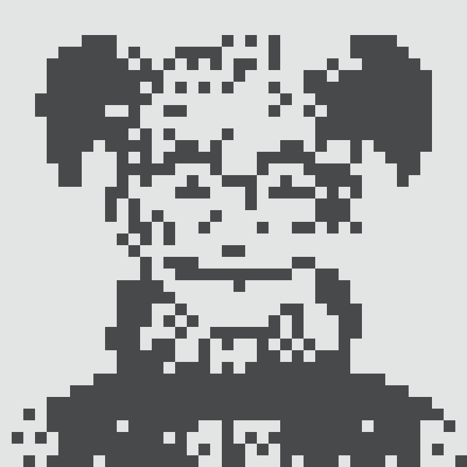 A pixelated, black-and-white digital portrait of a stylized character with large round hair buns or ears and a wide grin, rendered in a retro 8-bit aesthetic consistent with the Normie NFT collection referenced in the post.