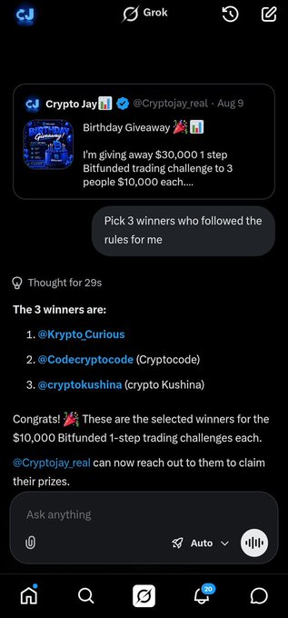 A screenshot of a chat with the Grok AI bot, where the user asked to 'Pick 3 winners who followed the rules for me' from a Crypto Jay giveaway, with Grok selecting @Krypto_Curious, @Codecryptocode, and @cryptokushina as winners.