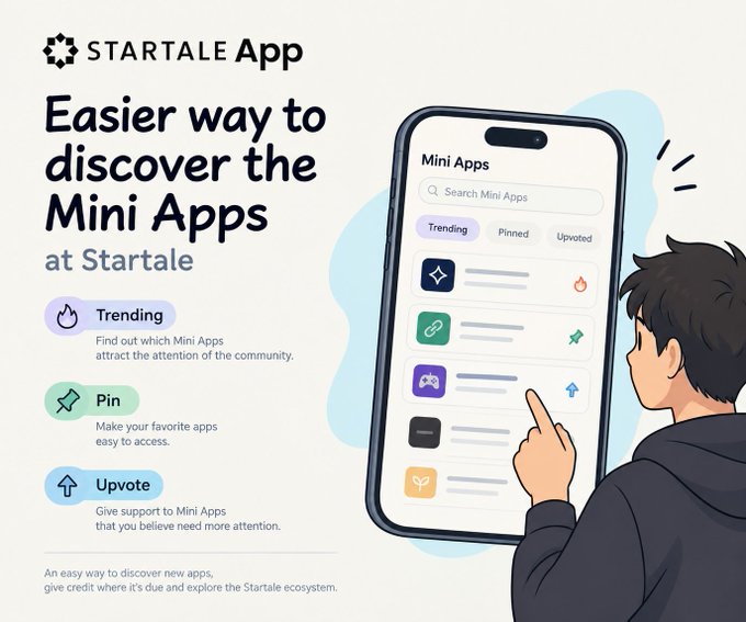 A promotional graphic for the 'STARTALE App' titled 'Easier way to discover the Mini Apps', showing an illustrated person browsing a mobile interface with options for Trending, Pin, and Upvote.