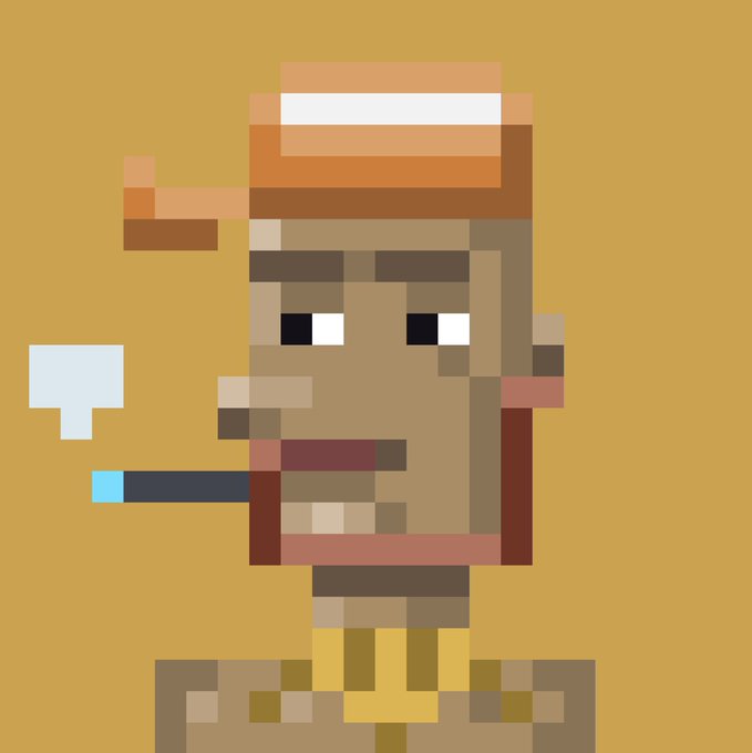Pixel art depicting a blocky, stylized character resembling a figure with a tan and orange striped hat, holding what appears to be a cigarette with smoke, against a yellow background.