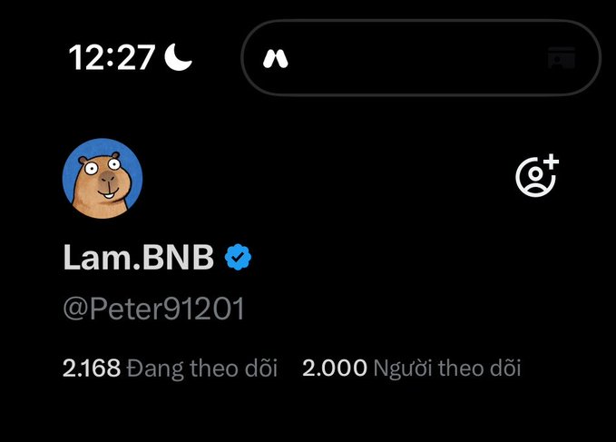 A screenshot of a Twitter profile for 'Lam.BNB' (@Peter91201) showing 2,168 following, 2,000 followers, a blue verification checkmark, and a frog avatar.