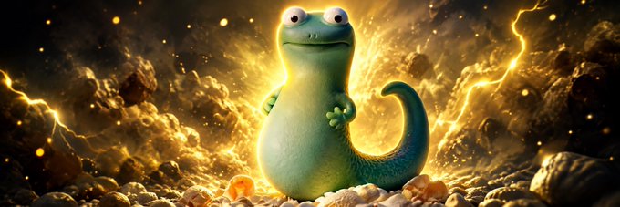 A vibrant AI-generated image of a small green dinosaur-like creature standing triumphantly amid glowing golden energy and floating rocks.