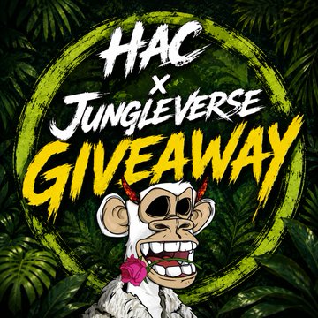 A vibrant graphic for 'HAC x JUNGLEVERSE GIVEAWAY' featuring a cartoon monkey with a pink rose in its mouth set against a jungle background.