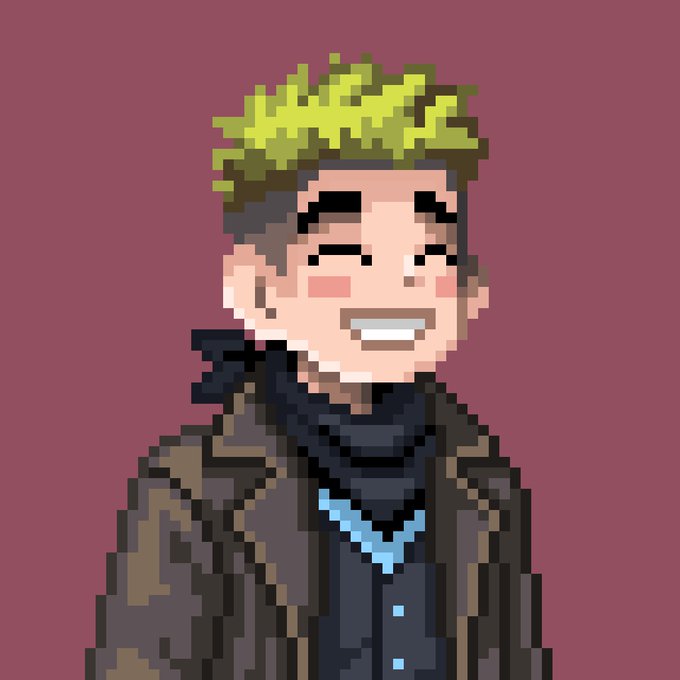 A pixel art portrait of a smiling young man with blonde spiky hair, wearing a brown coat and a dark scarf against a maroon background.