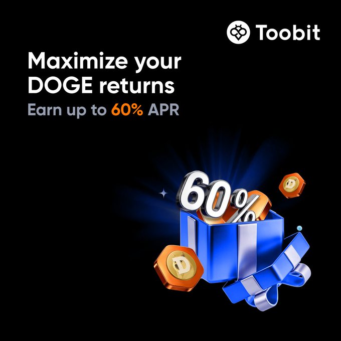 A promotional graphic for Toobit Fixed Earn features the text "Maximize your DOGE returns - Earn up to 60% APR" alongside a 3D illustration of a blue gift box overflowing with "60%" symbols and DOGE coins, visually reinforcing the post's offer to earn up to 60% APR by locking DOGE for 3 days.