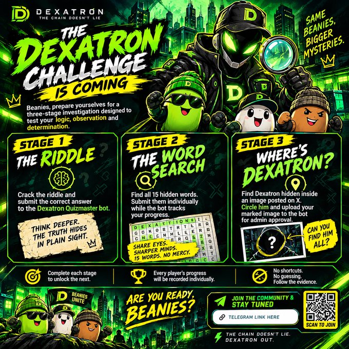 A promotional poster for 'The Dexatron Challenge' with three stages: Stage 1 'The Riddle' (Crack the riddle and submit to the Dexatron Quizmaster bot), Stage 2 'The Word Search' (Find all 15 hidden words), and Stage 3 'Where's Dexatron?' (Find Dexatron in an image on X). Includes a Telegram QR code to join.