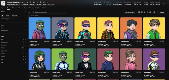 A screenshot of the Pixona Genesis NFT marketplace showing a grid of listed profile picture (PFP) avatar NFTs for sale.