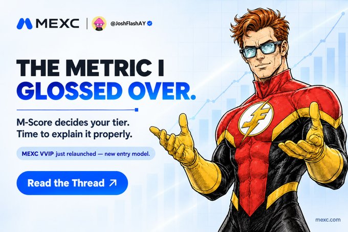 A promotional graphic from MEXC featuring a superhero character with the text 'THE METRIC I GLOSSED OVER. M-Score decides your tier. Time to explain it properly.'