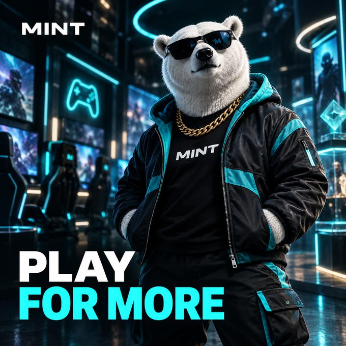 A promotional poster featuring an anthropomorphic polar bear wearing sunglasses, a gold chain, and a teal-accented jacket with the 'MINT' logo, set in a neon-lit gaming arcade with the slogan 'PLAY FOR MORE.'