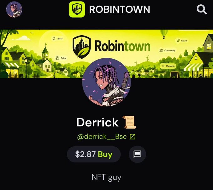 A profile page for 'Derrick' (@derrick__.Bsc) on the Robintown platform, showing a 'Buy' button for $2.87 and the bio 'NFT guy', with a banner featuring a town and categories like Ideas, Coins, Growth, Community, and Moments.