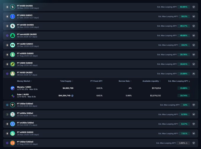 A cryptocurrency DeFi dashboard showing various PT (Principal Token) yield opportunities on Pendle Finance, with the top entry showing PT sUSDe (sUSDc) with 92.85% estimated max looping APY, and an expanded entry for PT USDe (USDe) showing Morpho and Euler lending market details.
