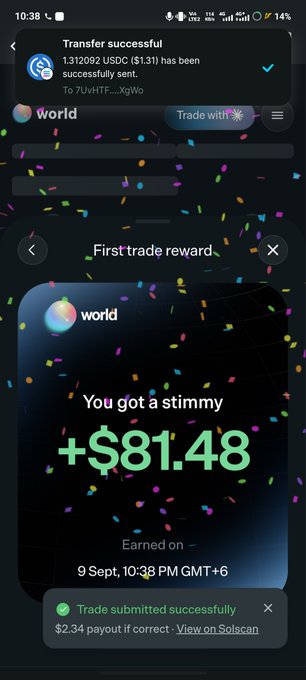 A screenshot from the Worldcoin app showing a successful transfer notification and a pop-up declaring 'You got a stimmy +$81.48' earned on September 9th.