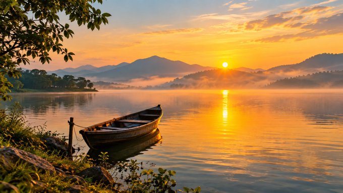 A serene sunrise over a calm mountain lake with a wooden rowboat moored near the grassy shore, framed by overhanging tree branches.