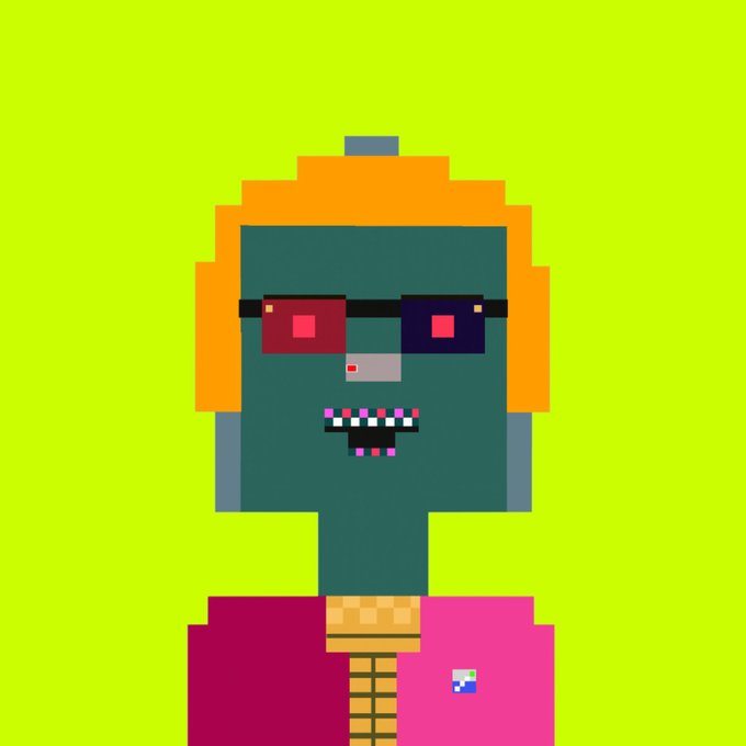 A pixel art illustration of a green-skinned character with orange hair, red sunglasses, and a pink shirt on a bright green background.