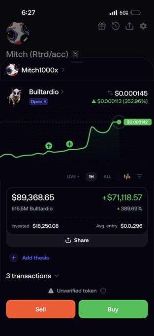 A mobile screenshot of a cryptocurrency trading app showing a token called 'Bullardio' with massive gains of +389.69% and a portfolio value of $89,368.65.