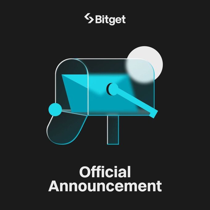 A dark graphic displays the Bitget logo at the top, a blue mailbox icon in the center, and the text 'Official Announcement' below.