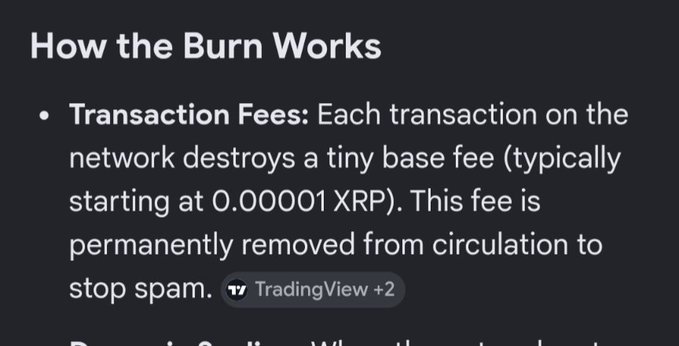 An informational graphic titled 'How the Burn Works' explaining that each XRP transaction on the network destroys a tiny base fee (starting at 0.00001 XRP) permanently to stop spam.