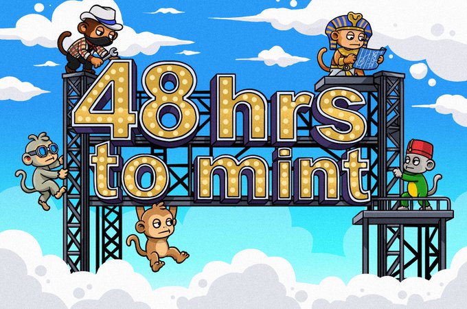 A cartoon illustration showing monkeys on scaffolding around marquee letters reading '48hrs to mint' against a blue sky background.