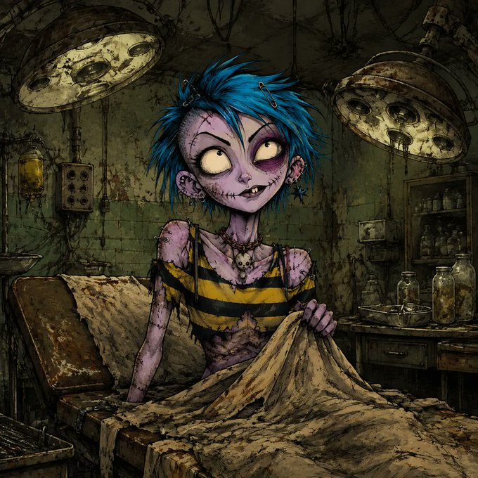 An illustration of a zombie-like girl with blue hair, stitched face, and tattered clothing sitting on an operating table in a dilapidated, rusty medical room.