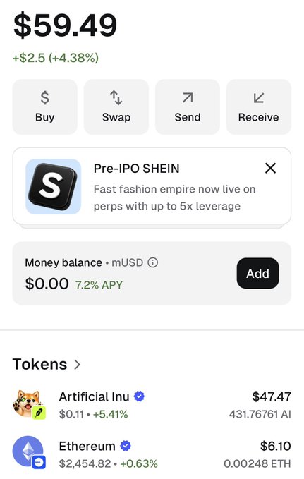 A crypto wallet app interface shows a balance of $59.49, with tokens including 'Artificial Inu' (AI) at $47.47 and Ethereum (ETH) at $6.10, plus a 'Pre-IPO SHEIN' promotion.