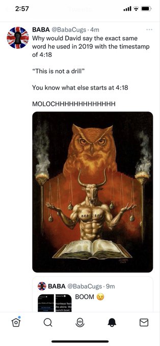 A tweet from 'BABA @BabaCugs' discussing David and the timestamp 4:18, referencing 'MOLOCHHHHHHHHHHHH' above an illustration of a horned demon, book, and owl.
