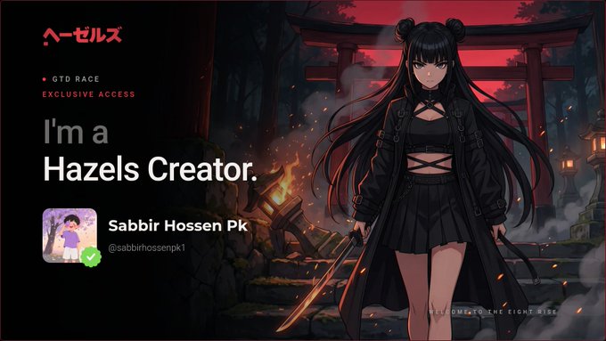 A profile banner for 'ヘーゼルズ' (Hazels) featuring an anime-style character, labeled 'GTD RACE EXCLUSIVE ACCESS' with the text 'I'm a Hazels Creator.' by user 'Sabbir Hossen Pk' (@sabbirhossenpk1).