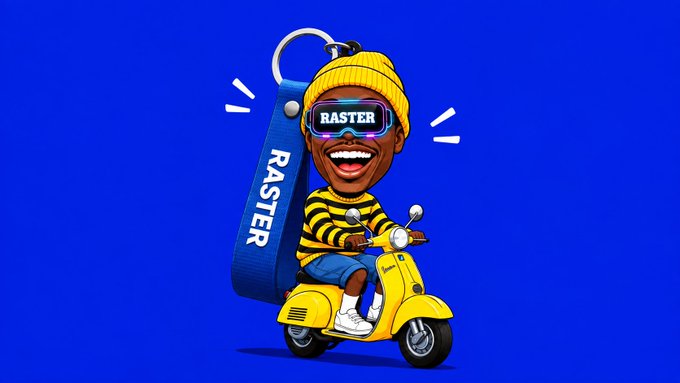 A 3D cartoon character wearing a yellow beanie, 'RASTER' branded VR headset, and striped shirt, riding a yellow scooter while carrying a blue 'RASTER' bag on a blue background.