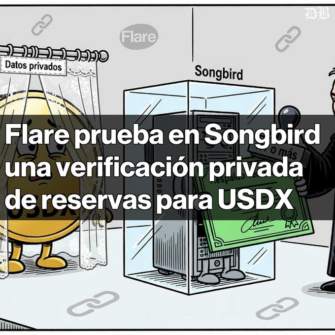 A cartoon graphic about cryptocurrency with the headline: 'Flare prueba en Songbird una verificación privada de reservas para USDX.'