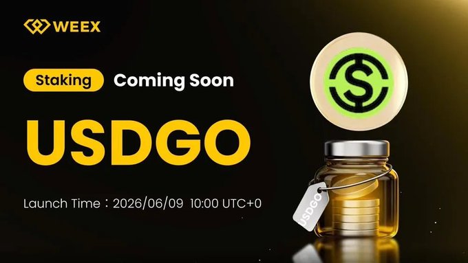 The image features a poster for the official launch of the USDCGO cryptocurrency, which is being promoted by WEEX. The poster includes an illustration of a jar filled with coins, symbolizing the currency, and a green dollar sign on top of the jar. The text on the poster announces that the USDCGO token will be available soon, and it also mentions the launch time as 2026/06/09 at 10:00 UTC+0 hours. Additionally, there is an image of a tag attached to the jar with the word "USDCGO" written on it.