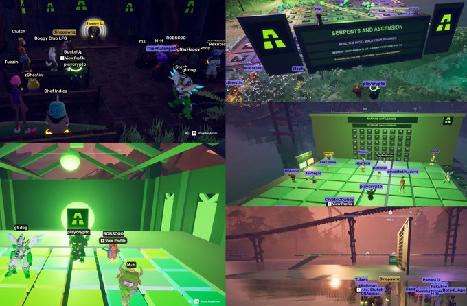 Collage of four screenshots from a virtual 3D world game, showing avatar players (including usernames like 'playcrypto', 'xQc', and 'ROBSCOOB') at an event titled 'SERPENTS AND ASCENSION' with a 'NATURE BATTLEGROUNDS' arena and nighttime landscapes.