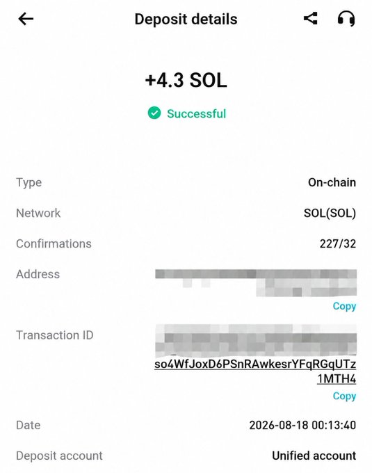 A successful on-chain SOL deposit of **+4.3 SOL** on the **SOL (SOL)** network, with **227/32 confirmations**, dated **2026-08-18 00:13:40**. The post thanks **Web3** and anticipates a crazy week, with the deposit likely highlighting that support.