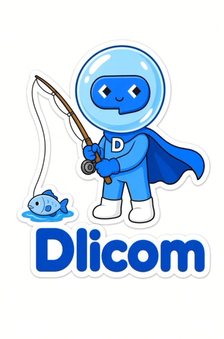 A blue cartoon mascot in a space helmet and cape holds a fishing rod with a fish on the line, with 'Dlicom' written below in blue text.