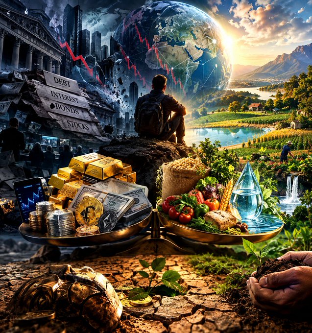 An AI-generated conceptual image showing a split scene with financial ruin on the left (debt, stocks, crumbling city) and prosperity on the right (golden crops, water, nature), connected by a scale balancing gold coins and fresh produce.