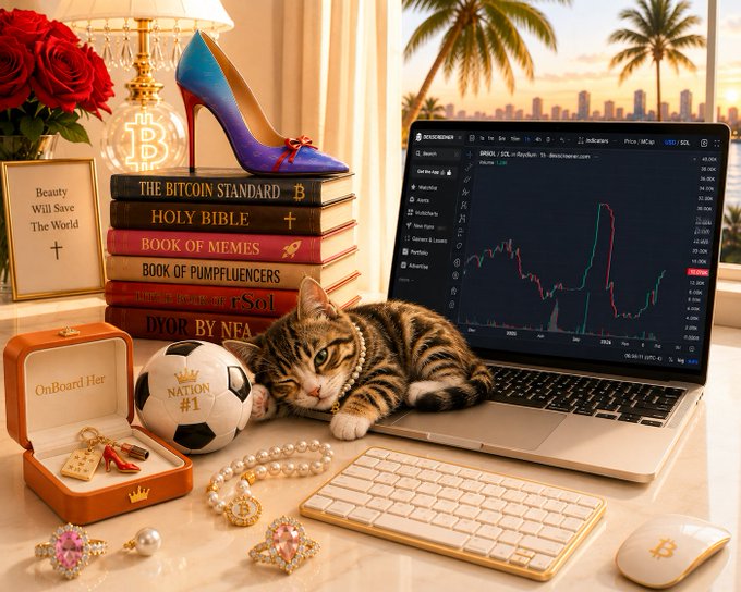 A tabby cat wearing a pearl necklace rests near a laptop showing a stock chart, with books including 'THE BITCOIN STANDARD' and 'HOLY BIBLE', a Bitcoin-symbol high heel, and a 'OnBoard Her' jewelry box.