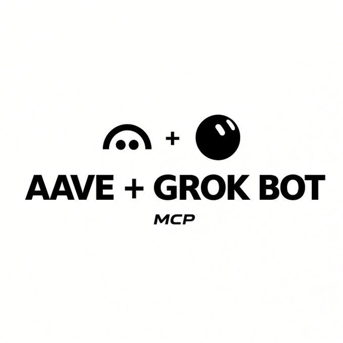 A simple logo design showing the text 'AAVE + GROK BOT' with 'MCP' underneath, accompanied by an Aave logo and a black circle icon.